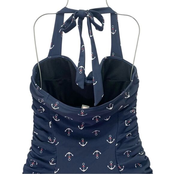 Unique Vintage Anchor Swimsuit Dress Navy Blue Halter One Piece Size Large Retro - Picture 6 of 14